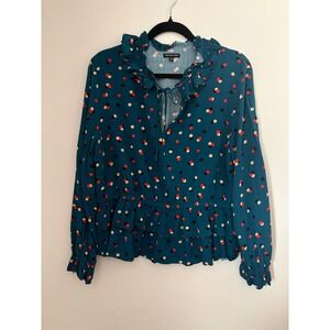 WHOWHATWEAR Teal Polka Dot Ruffle Tie Neck Peasant Blouse Women's XL